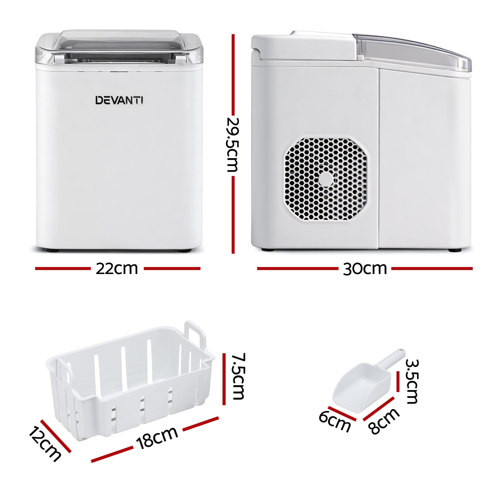 Devanti Ice Maker Machine Portable 12kg Countertop w/Self Cleaning 1.2L White