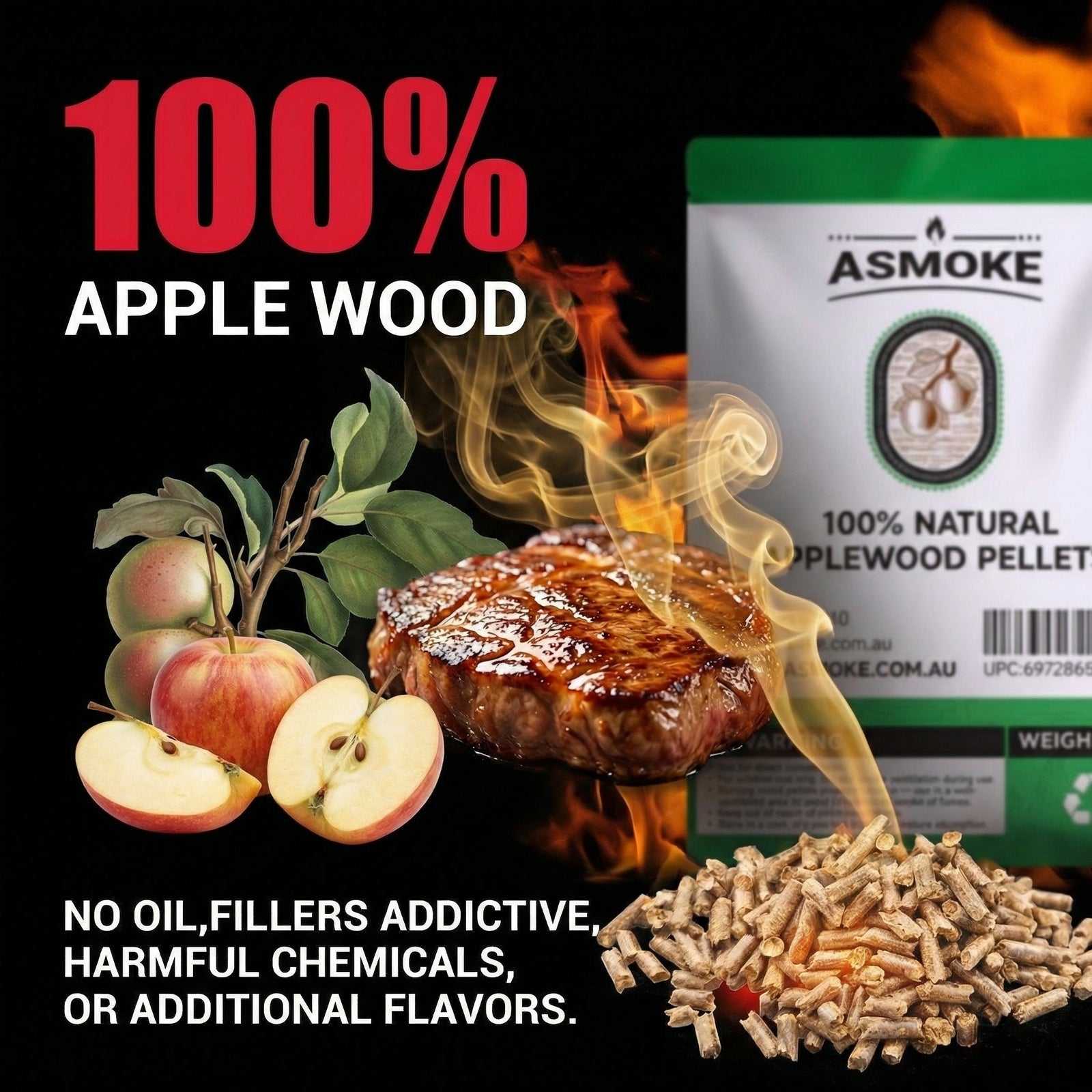 ASMOKE 20lbs Premium Apple Wood Pellets for Smoker & Grill – Natural Sweet Fruit Flavour BBQ Fuel for Chicken, Pork & Pizza Ovens