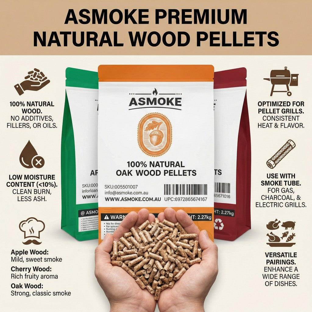 ASMOKE 3-Piece Premium Wood Pellet Variety Pack - Oak, Cherry & Apple (3 x 2.27kg Bags)